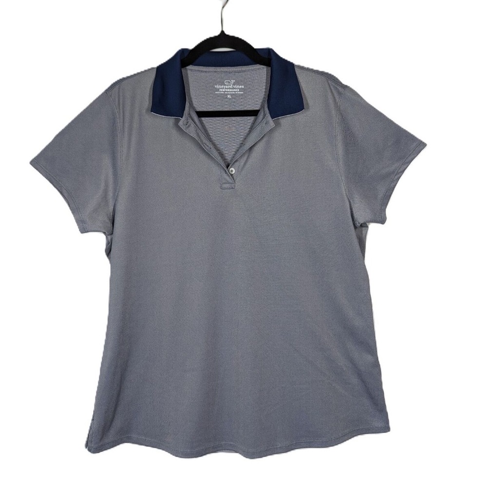 Vineyard Vines Performance Polo – Women’s M, Heather Blue with Navy Blue Collar
